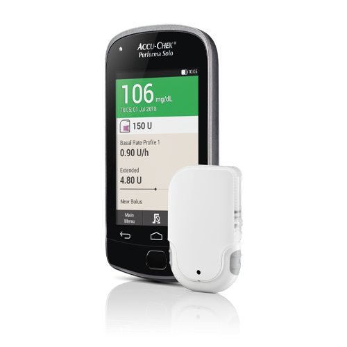 Bilde viser Accu-Chek Solo mikropumpesystem, designet for mennesker med diabetes