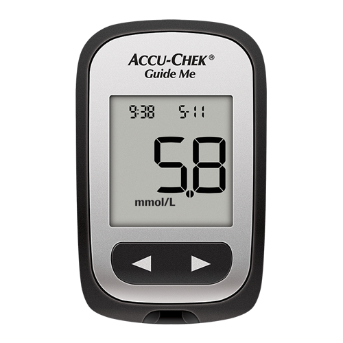 Bilde viser Accu-Chek® Guide Me blodsukkerapparat, designet for mennesker med diabetes.