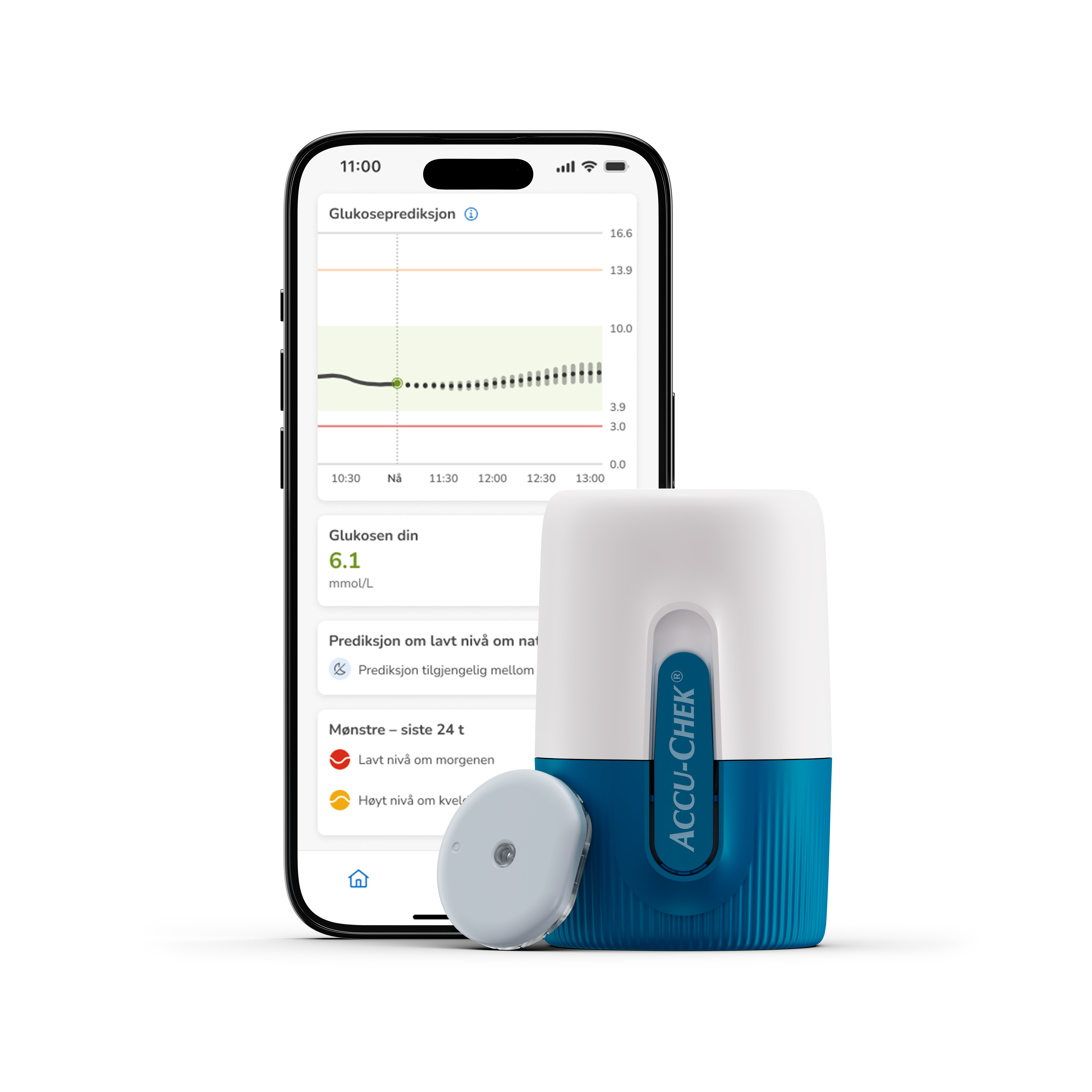 Bilde av sensoren, applikatoren og en mobiltelefon som viser CGM-appskjermen.
