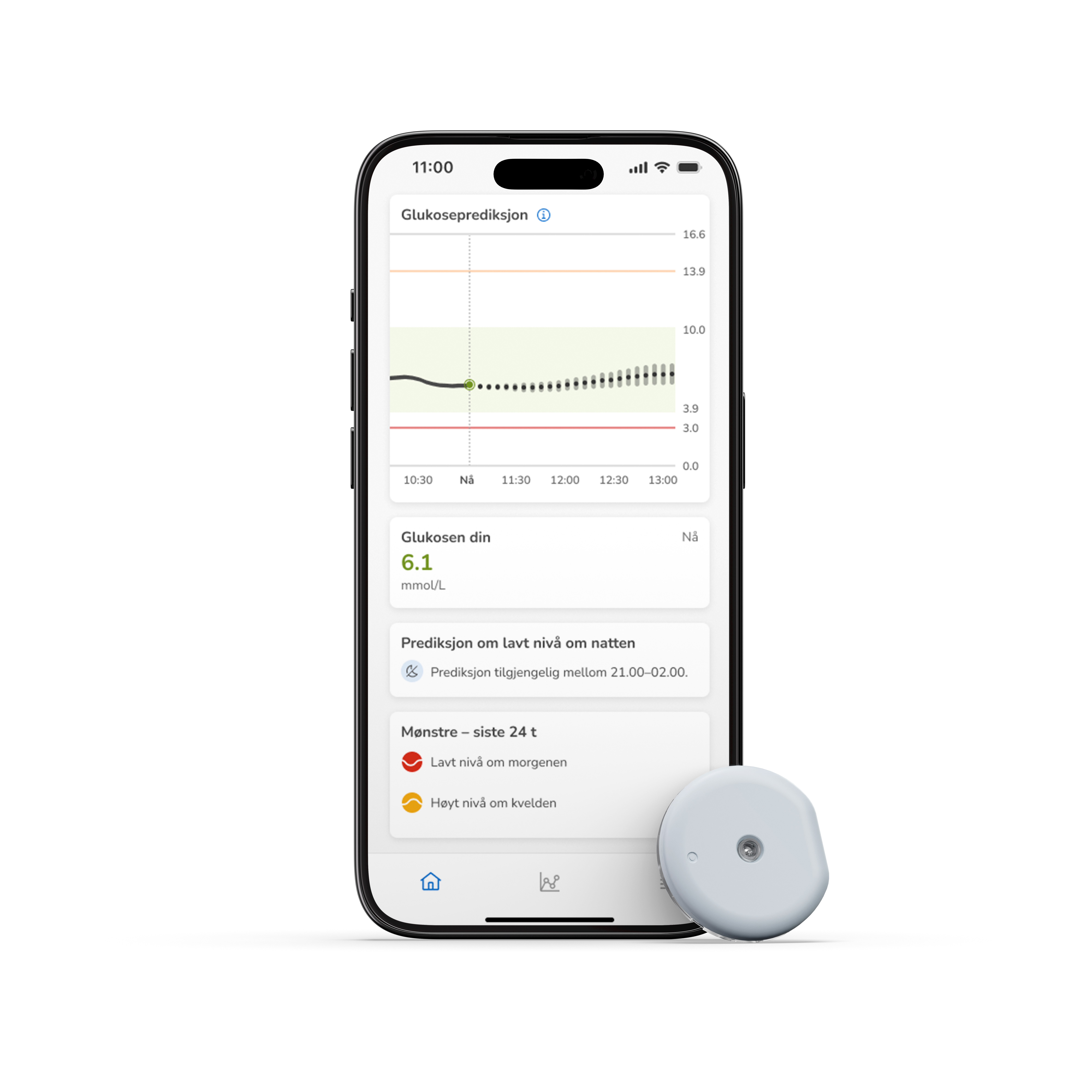 Bildet viser Accu-Chek SmartGuide CGM-sensor og SmartGuide-appskjermen.