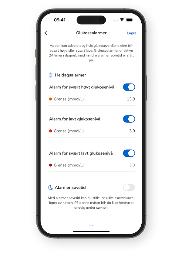 Skjermbilde av Accu-Chek SmartGuide-appens Glukosealarmer-side, som viser hvilke alarmtyper du kan aktivere.