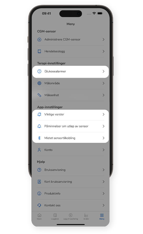 Skjermen for SmartGuide-appen viser menyen, og fremhever glukosealarmer, viktige varsler, påminnelser om utløp av sensor og innstillinger for sensortilkobling.