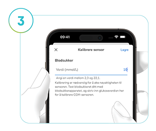 Skjermbilde av kalibreringsskjermbildet for SmartGuide-appene, som viser hvordan CGM-systemet kalibreres.