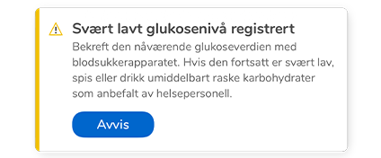 Popup-varsel om svært lavt glukosenivå registrert i Accu-Chek SmartGuide-appen.