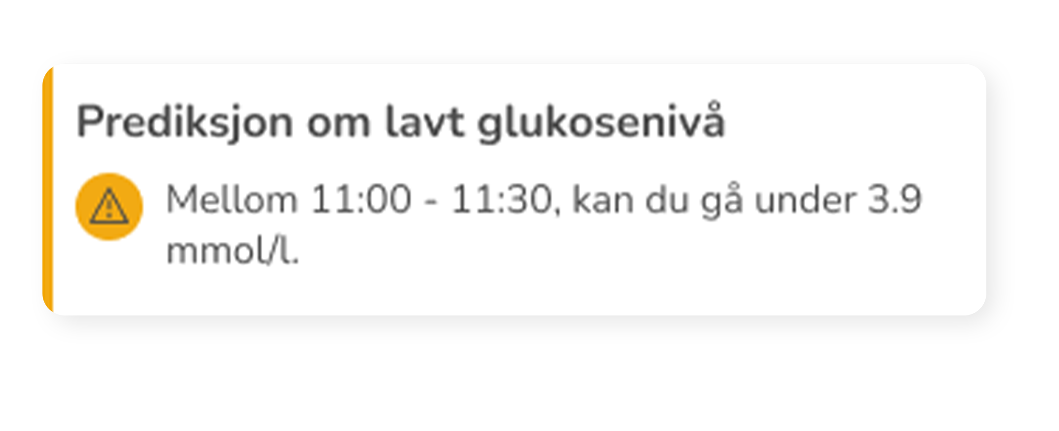 Popup-advarsel for prediksjon om lavt glukosenivå i Accu-Chek SmartGuide Predict-appen.