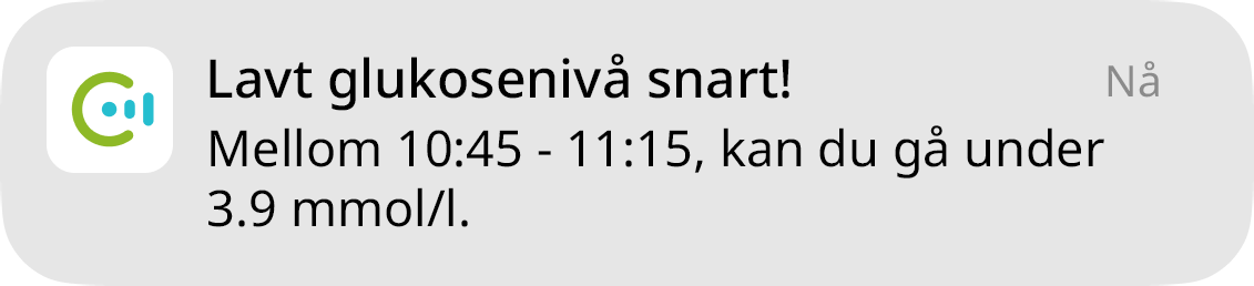 Lavt glukosenivå snart! Varsel om mulig lavt nivå mellom kl. 12.30 og 13.30.