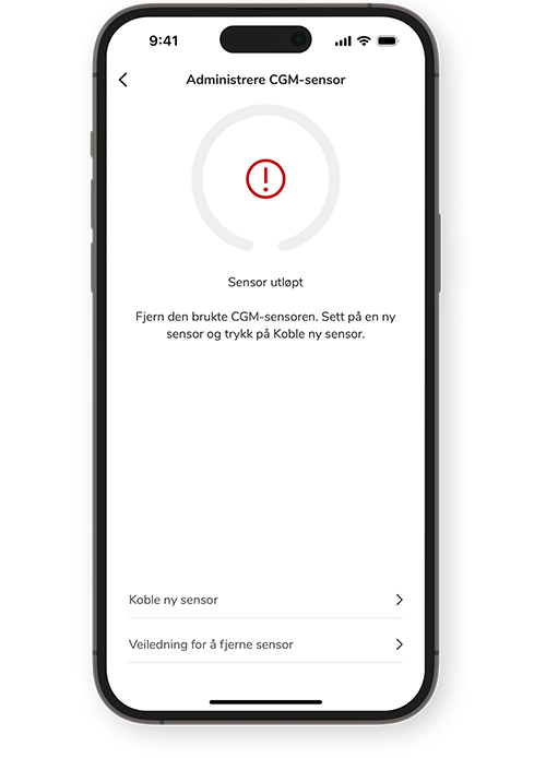Skjermbilde av skjermen for utløpt sensor for SmartGuide CGM-systemet.