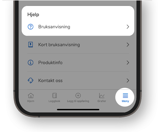 Skjermbilde av SmartGuide-appenes Hjelp-avsnitt med brukerhåndboken fremhevet.