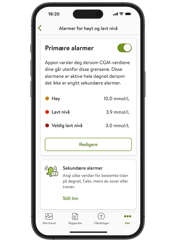 Skjermbilde av Glukosealarmer-siden i mySugr, som viser hvilke alarmtyper du kan aktivere.