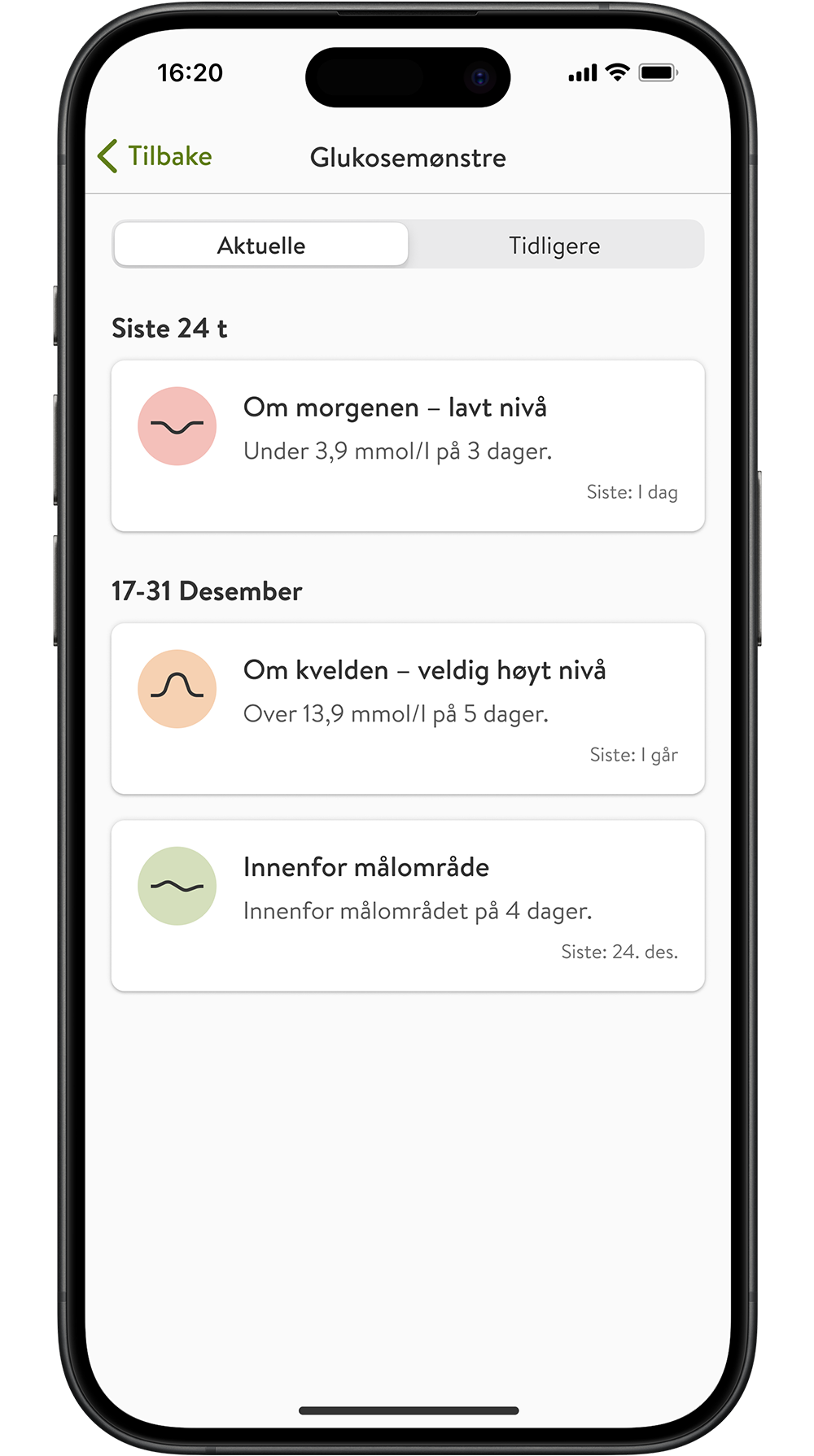  mySugr som viser funksjonen ukentlig sammendrag og identifiserte glukosemønstre, inkludert lavt nivå om morgenen, høyt nivå om kvelden og glukosehendelser innenfor området.
