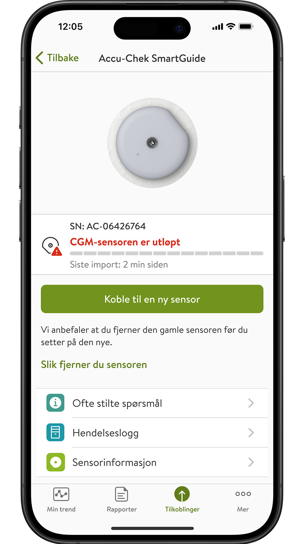 Skjermbilde av Sensor utløpt-skjermen i appen.