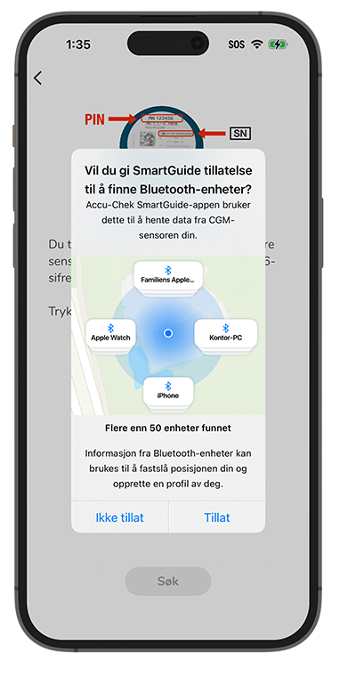 SmartGuide-appens koblingssøk for å bruke Bluetooth.