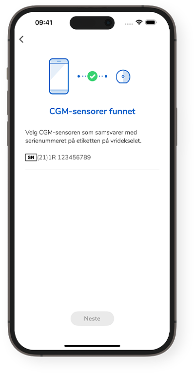 CGM-sensorenes CGM fant skjerm, som viser det matchende serienummeret på vridekselet.