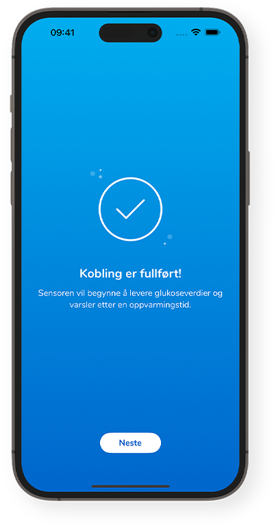 Skjerm for Kobling fullført, informasjon om oppvarmingstid og en Neste-knapp nederst.