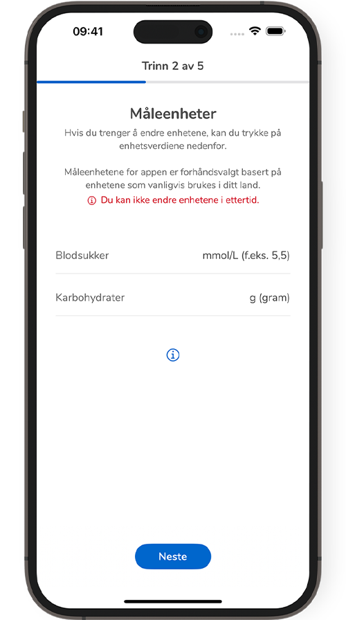 Skjermbilde av SmartGuide-appens side for oppsett av måleenheter.