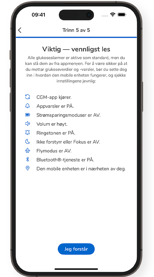 Skjermbilde av innstillinger og oppsettsdetaljer i SmartGuide-appen.