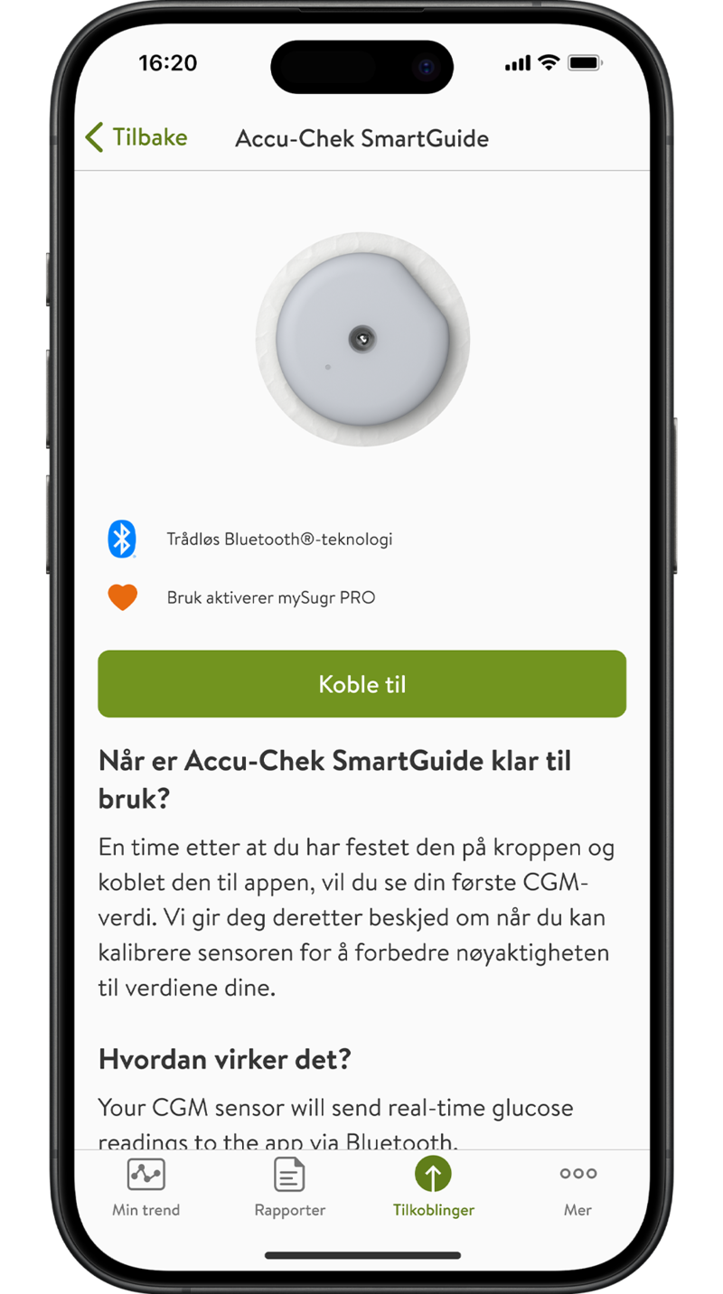 Skjermbilde av mySugr-appens Tilkobling-skjerm.