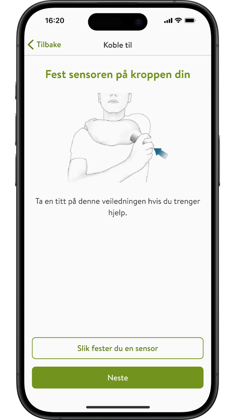 mySugr-appens Kobling og Påfør sensor-skjerm.