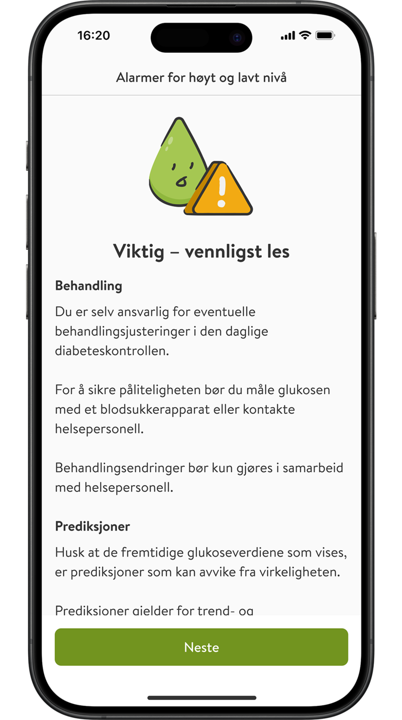 Skjerm som viser viktig informasjonskjermen.