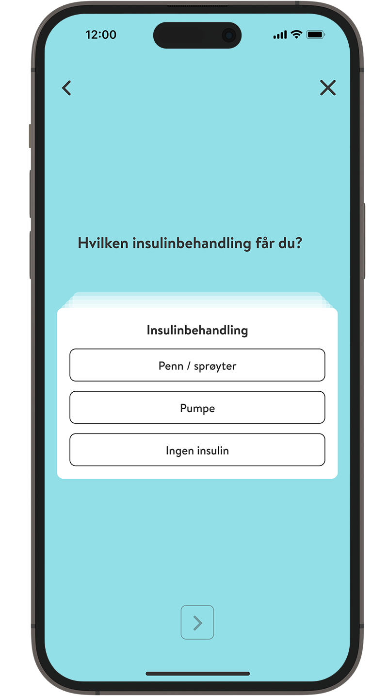 Skjermbilde av introduksjonsprosessen i mySugr-appen, hvor insulinbehandling angis.