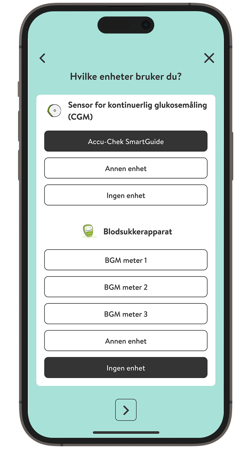 Skjermbilde av introduksjonsprosessen i mySugr-appen, med valg av insulinenhet.