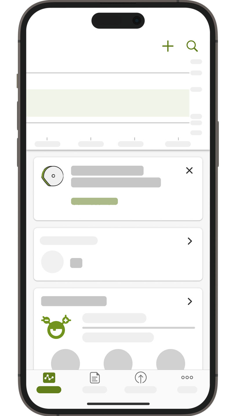 Skjermbilde av startskjermen i mySugr-appen, med CGM-tilkoblingswidget.