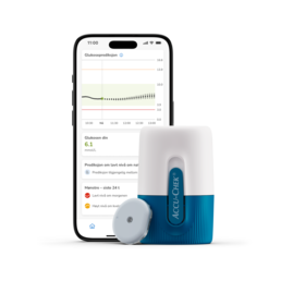 Bilde av sensoren, applikatoren og en mobiltelefon som viser CGM-appskjermen.