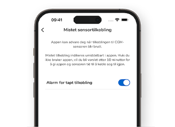 Skjermbilde av Accu-Chek SmartGuide-appen som viser Mistet sensortilkobling-skjermen.