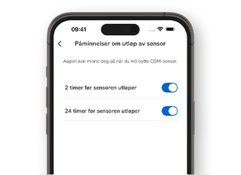 Skjermbilde av Accu-Chek SmartGuide-appen som viser påminnelser om utløp av sensor.