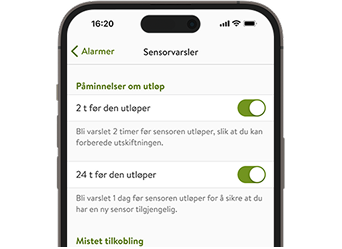 Skjermbilde av mySugr-appen som viser påminnelser om sensorutløp.