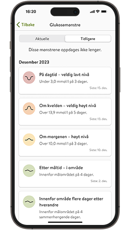 Tidligere glukosemønstre demonstrasjon på telefon.