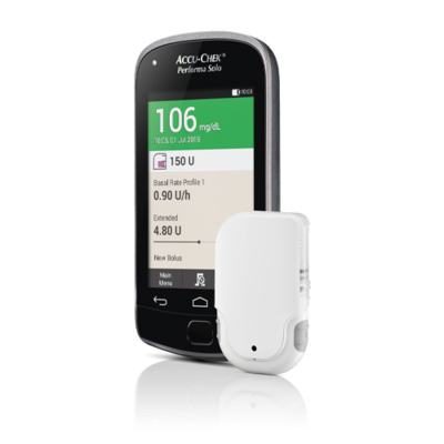 Bilde viser Accu-Chek Solo mikropumpesystem, designet for mennesker med diabetes