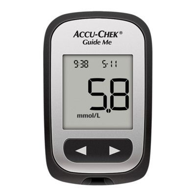 Bilde viser Accu-Chek® Guide Me blodsukkerapparat, designet for mennesker med diabetes.