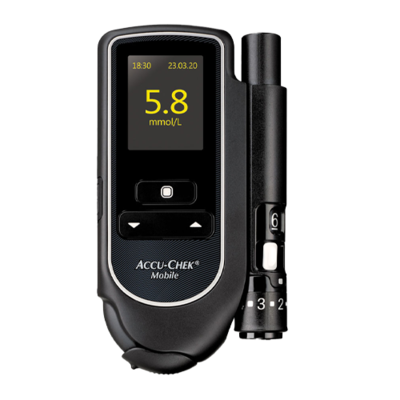 Bilde viser Accu-Chek Mobile blodsukkerapparat, designet for mennesker med diabetes