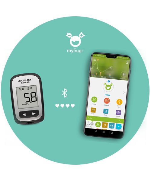 Bilde viser Accu-Chek® Guide Me blodsukkerapparat, designet for mennesker med diabetes.