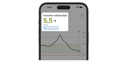 Telefonskjerm som viser glukosenivået innenfor området, merket som "Innenfor område", med en anslått trend og et målområde.