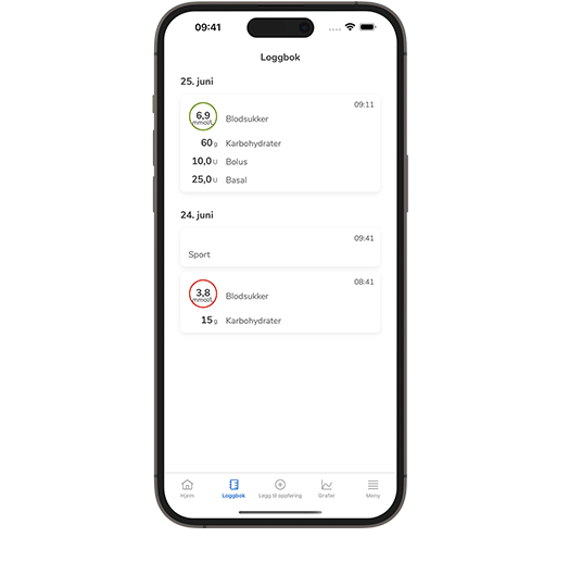Skjermbilde av SmartGuide CGM-system loggbokskjerm.