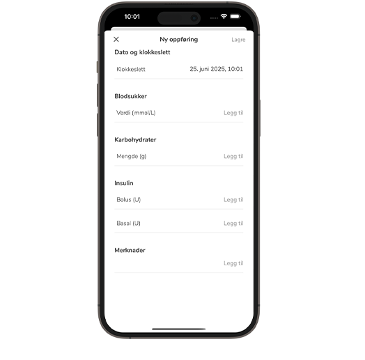 Skjermbilde av SmartGuide CGM-system skjerm for loggbok-oppføringer.